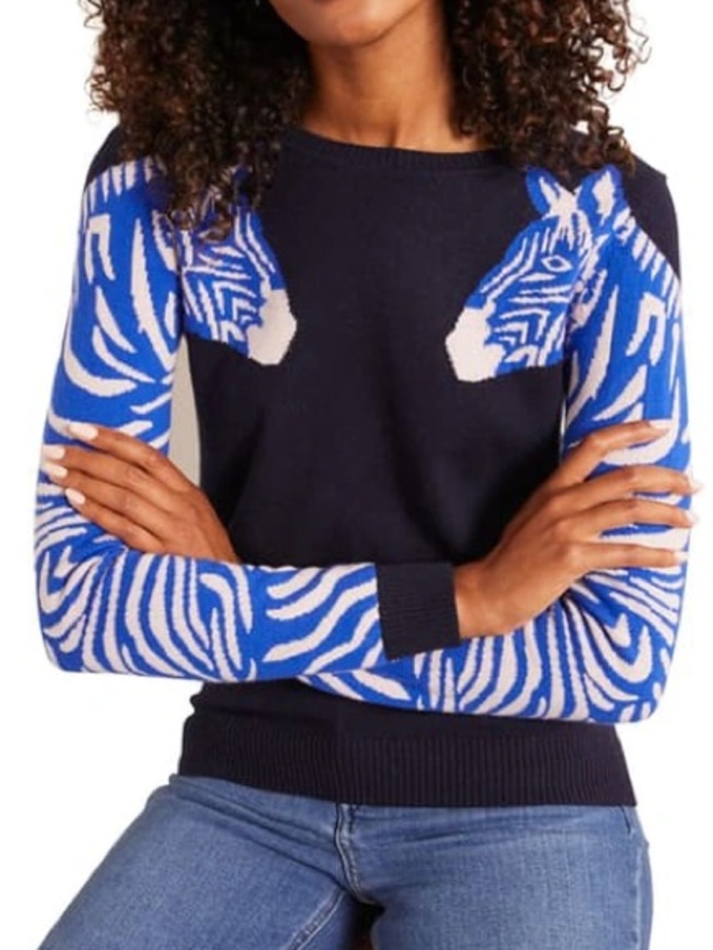 Boden Navy Sweater with Royal Blue and Cream Zebra design